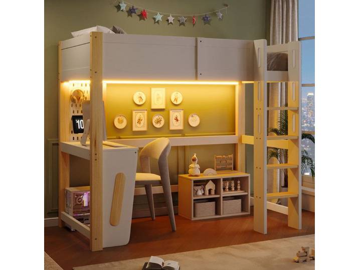 Lit mezzanine 90x200 avec LED et table Lit mezzanine 1 places avec paroi perforée Bois Pin Naturel Blanc(Sans Matelas)