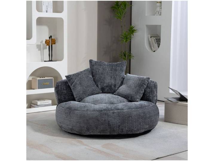 Canapé compressé Lazy Sofa en chenille gris – fauteuil bean bag avec accoudoirs haut dossier 3 coussins