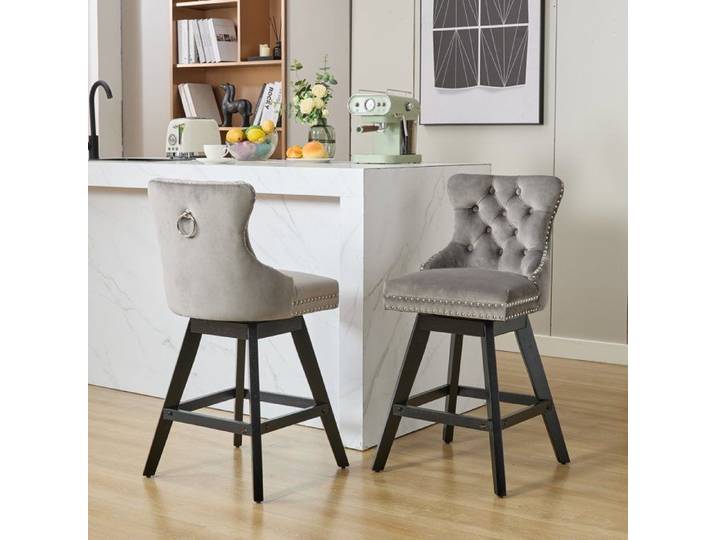 Tabourets de bar pivotants - Velours gris - Pivotant 360° - Décoration capitonnée - Pieds en bois massif