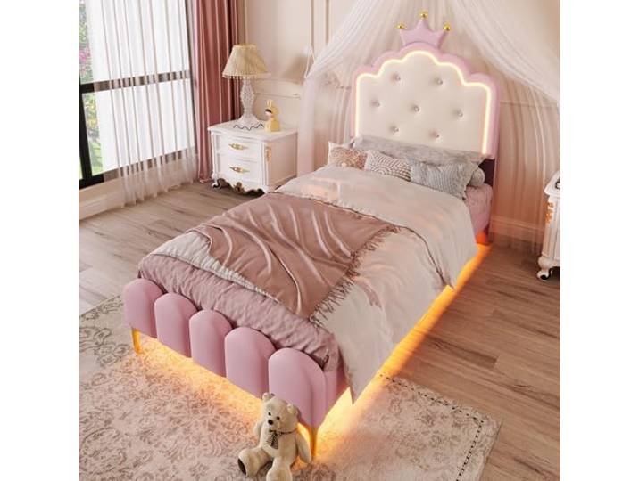 FAVSH Polsterbett 90x200 cm, Kinderbett für Mädchen Kronen-Einzelbett mit LED-Streifen,mit Lattenrost (ohne Matratze) Bettgestell für Mädchen, PU, Ohne Matratze,Rosa