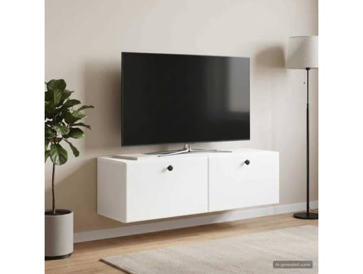 Wandmontierter TV-Schrank 98x31x30 cm Weiß Holzwerkstoff mit Pendeltüren Platzsparend, 90° Pendeltüren, pflegeleichte Oberfläche, viel Stauraum, moderne Optik