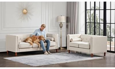 US Pride Furniture Container Furniture Classic Nailhead Chesterfield 2 Piece Living Room Set, Loveseat and Sofa
