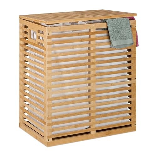 Relaxdays Wasmand van bamboe met deksel en 2 uitneembare waszakken, beige