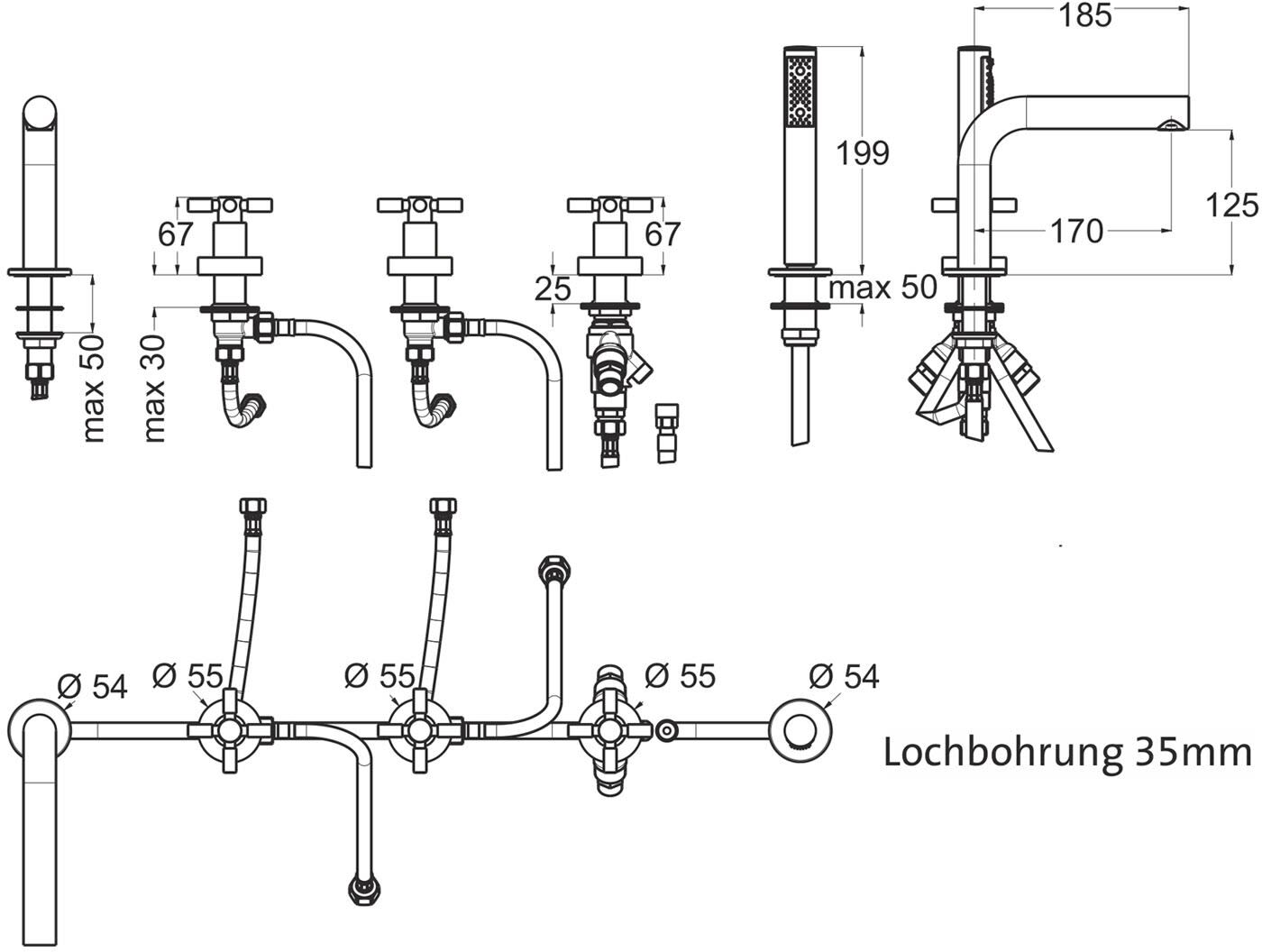Herzbach STILO 5-Loch-Wannenarmatur für Fliesen- oder Wannenrandmontage, Badarmaturen, 14.952450.1.01, chrom - chrom