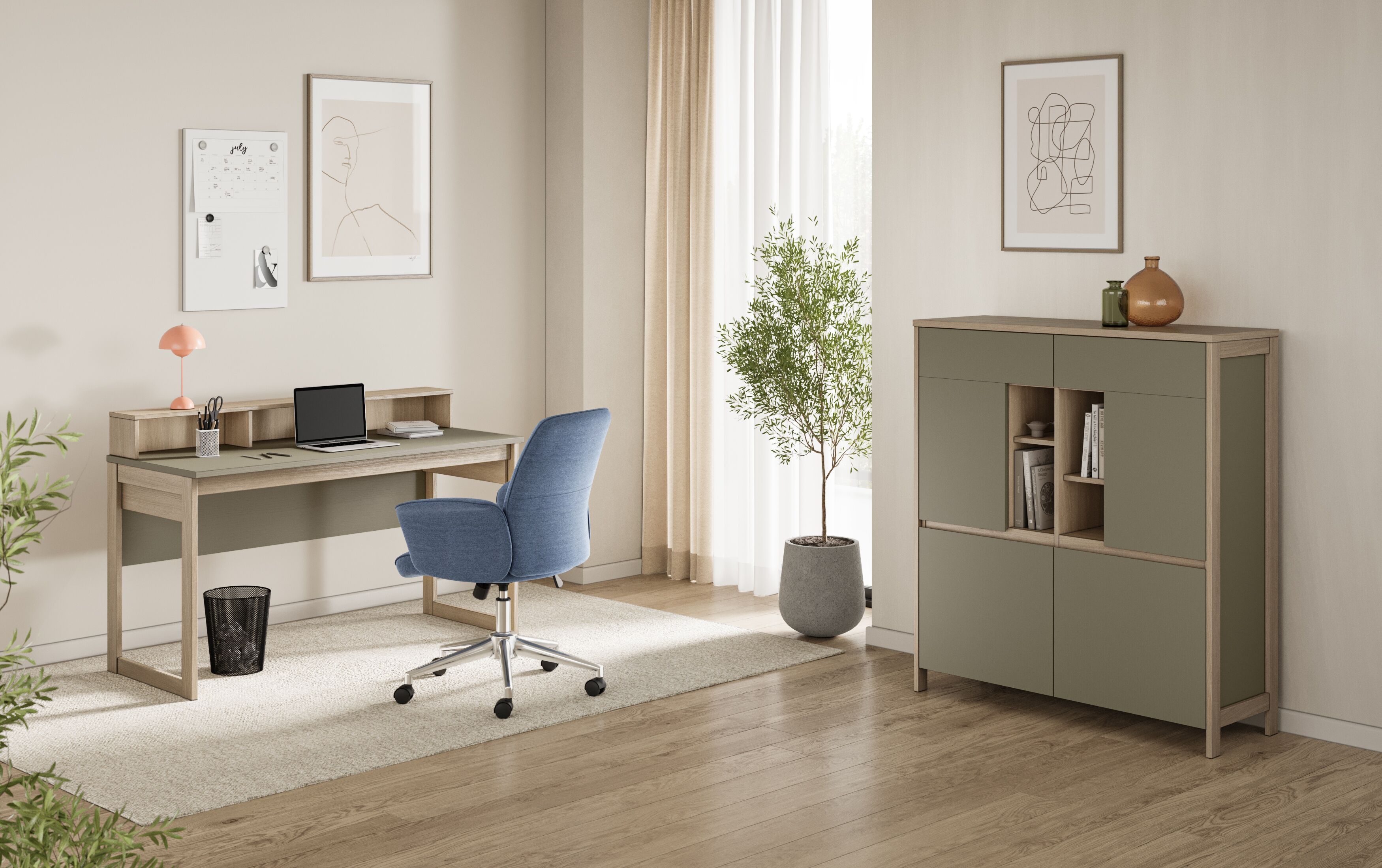 Büromöbel-Set HOME AFFAIRE "Stranda im Scandi-Style, Home Office, Büro in zwei Farben verfügbar", beige (eukalyptus skandi eiche), Holzwerkstoff, Arbeitsmöbel-Sets, Büromöbel-Set, enthält Schreibtisch, Highboard eukalyptus skandi eiche Holzwerkstoff