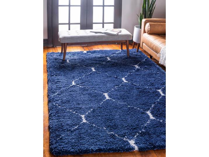 Hochflor-Teppich Temara Shag, LAGERRÄUMUNG , blau (marineblau, elfenbeinfarben), B:152cm H:51mm L:244cm, Polypropylen (PP), MYFLAIR MÖBEL & ACCESSOIRES, Teppiche, Hochflor-Teppich, gewebt, Rauten Design, weich & kuschelig