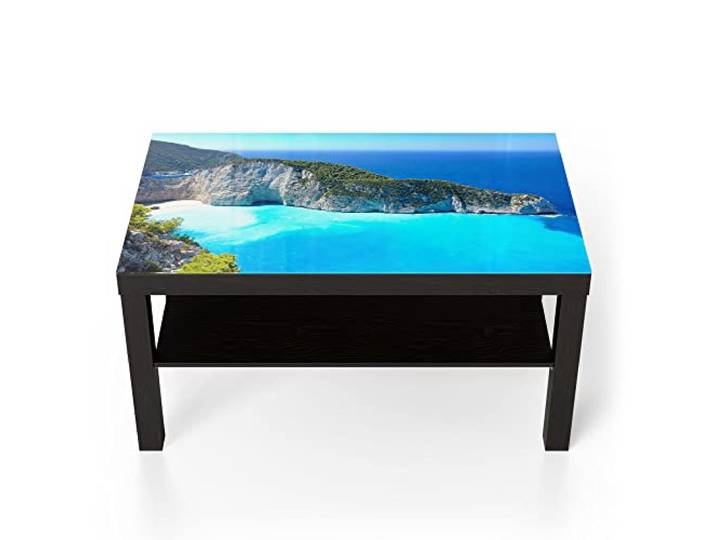 DEQORI Glastisch schwarz groß 90x50 cm Motiv Schiffswrack-Strand ausgefallener Beistelltisch aus Glas Hochglanz Couchtisch fürs Wohnzimmer moderner Couch Tisch mit Design