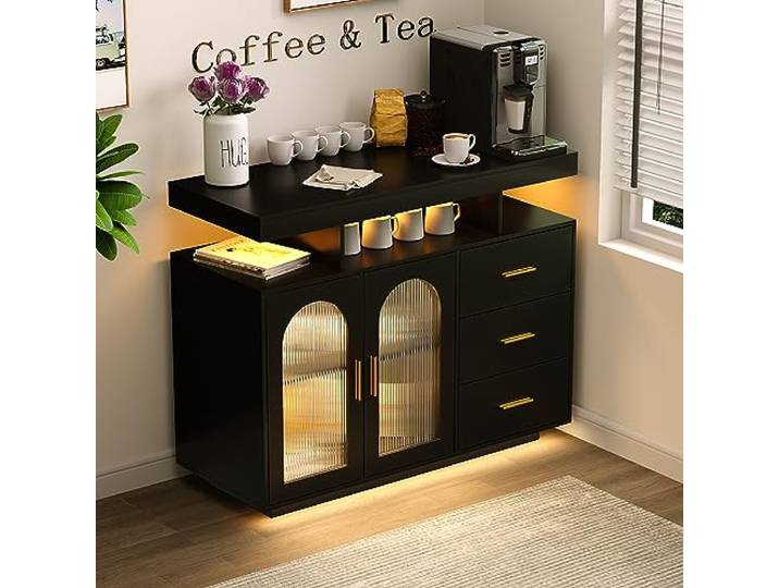 FREDEES Küchenschrank mit RGB-Licht & Ladefunktion, Schwarz 3 Schubladen, Bewegungssensor LED-Beleuchtung, Viel Stauraum, Küche & Esszimmer