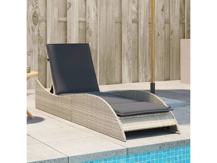 Chaise longue en poly rotin - - 60x205x73 cm - Gris clair - Dossier réglable - Coussin amovible - Résine tressée