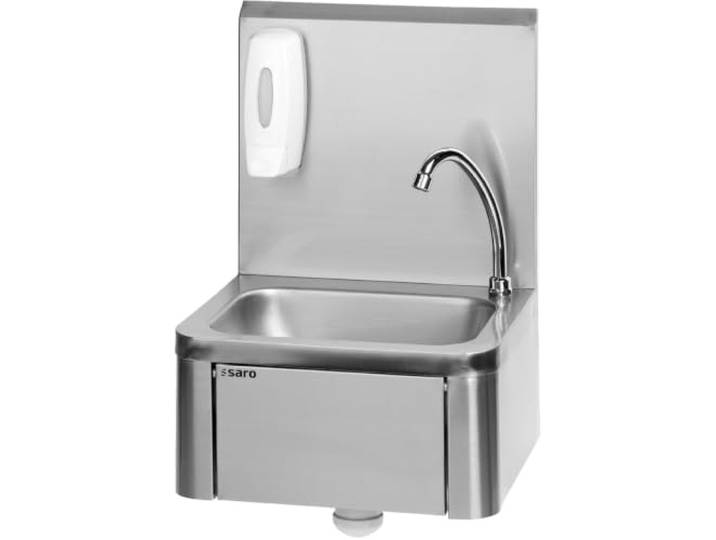 Saro Handwaschbecken – Inkl. Seifenspender & Siphon – Mit Kniebedienung – Edelstahl – Spritzschutz – B 400×T 340×H 595 mm – Modell Kevin