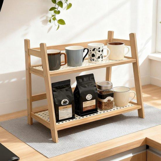 Famanu Keukenorganizer met 2 etages, Bamboe met rotanlook, Houtkleur