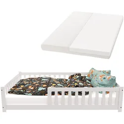 Juskys Kinderbett Naya 140x200 cm - Bett mit Matratze, Rausfallschutz & Lattenrost - Bodenbett Weiß