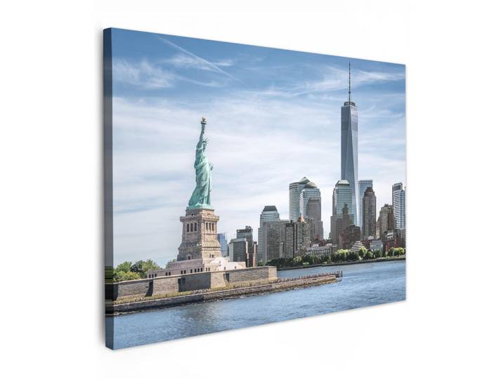 MuchoWow Leinwandbild - New York - Freiheitsstatue - Wasser - 80x60 - Malerei, Hellblau, Textil, Kiefer, Abstrakt, Rechteckig, 80x60 cm, gerahmt, Bilder & Rahmen, Bilder, Wandbilder