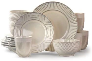Elama Market Finds 16 Piece Stoneware Dinnerware Set in Embossed White
