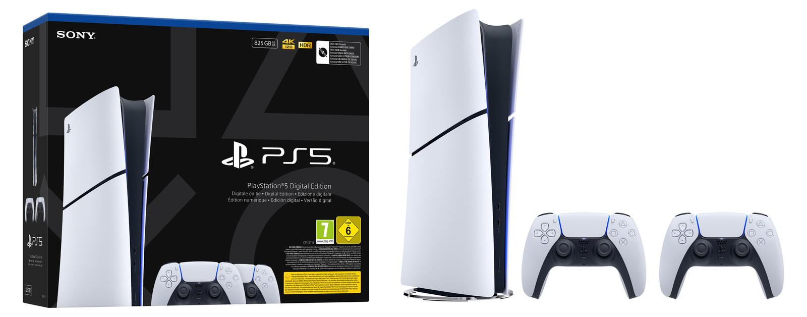 Sony PlayStation 5 Slim Digital Edition, 825GB, met 2 DualSense controllers - Wit