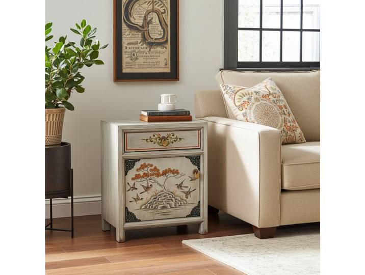 OPIUM OUTLET Nachtkommode Nachtkästchen Nachtschrank Schränkchen Nachtkonsole Kommode (Vintage, Asia Möbel, hellgrau, beige, komplett montiert), asiatisch chinesisch orientalisch fernöstlich