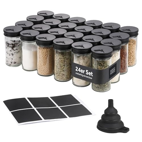 Moritz & Moritz Kruidenpotjes set van 24, 80 ml, glazen kruidenpotjes met zwarte deksels