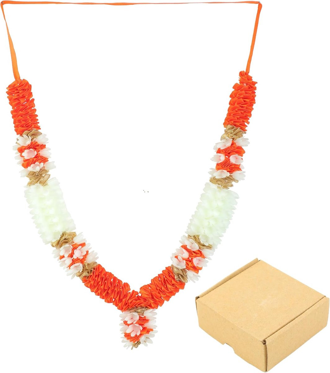 Mala Rose Flowers Ribbon Garland Oranje - Decoratie voor Godenbeelden en Pooja Sringar - 38 cm