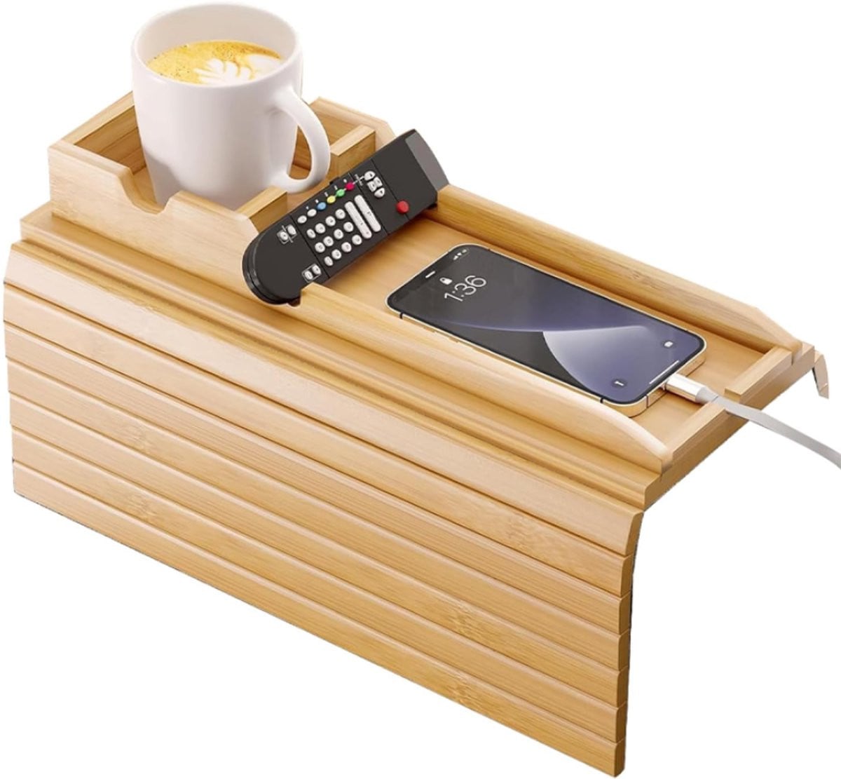 Armleuning Dienblad voor Bank - Bamboe Hout - 3-in-1 Organizer met Afneembare Bekerhouder en Anti-slip Kurkpad