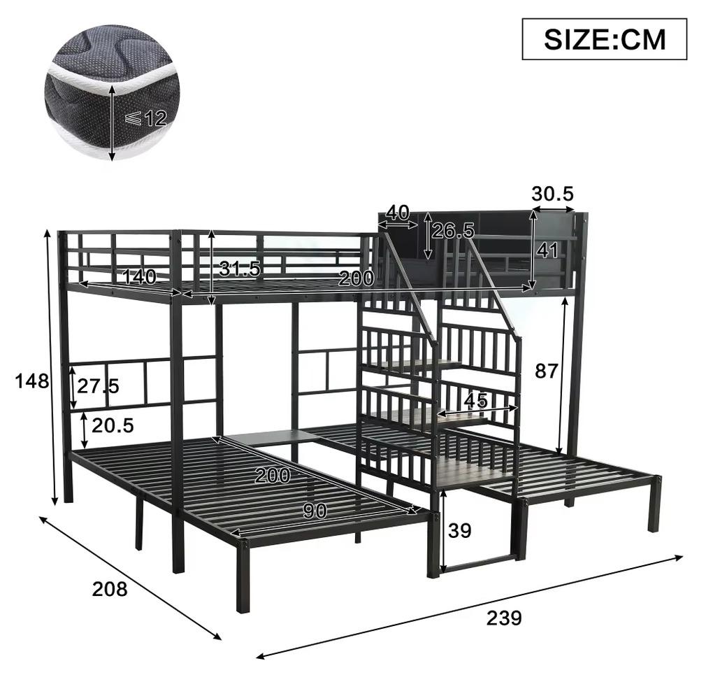 3-Personen-Etagenbett - Stabiler Rahmen - Treppe mit Handlauf - Metall und Holz - Ohne Stauraum - Schwarz