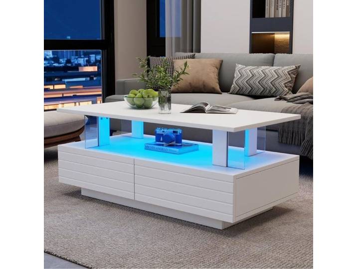 Table Basse LED Blanche - Fonction de Rangement Table Basse rectangulaire à Double Couche - 100x50x42cm