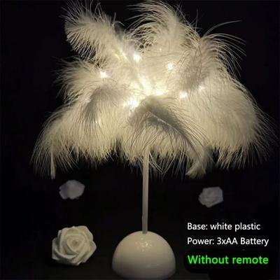 Inspired Living Feather Table Lamp With Remote Control, USB Table Lamp, Warm White LED Bedside Light battery White