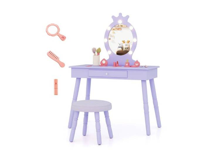 Coiffeuse enfant - HELLOSHOP26 - 70x34x99 cm - Miroir éclairé 3 modes - Tabouret rembourré - Anti-basculement