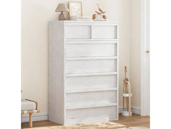 GarveeMore Kommode 7 Schubladen mit Holzgriffen für Schlafzimmer, Antikweiß 7 Geräumige Schubladen Elegante Antikweiß-Optik Stabile Spanplatten 119 cm Hoch Schlafzimmer Und Diele