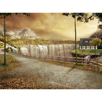 Fototapete PAPERMOON "Haus an Wasserfällen", bunt, B:5m L:2,8m, Vlies, Tapeten