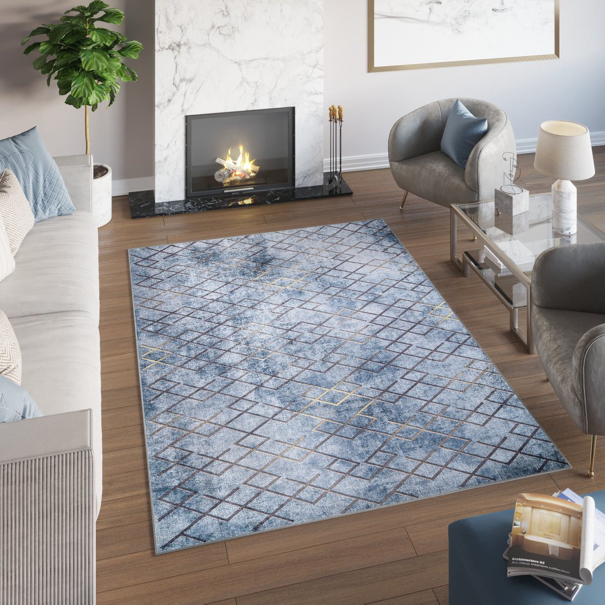 Tapiso Toscana Vloerkleed Geometrisch Blauw Goud B/D: 120 x 170 cm