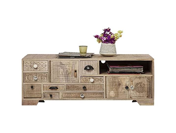 Kare Design TV - Board Puro, Breites, Tiefes Lowboard mit Handgeschnitzten Ornamenten, hellbraune Echtholz Kommode, niedriges Sideboard für Wohnzimmer, (H/b/T) 45 x 125 x 40 cm
