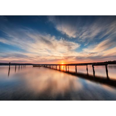 Fototapete PAPERMOON "Lake Sunset Wooden Pier", bunt, B:3,5m L:2,6m, Vlies, Tapeten