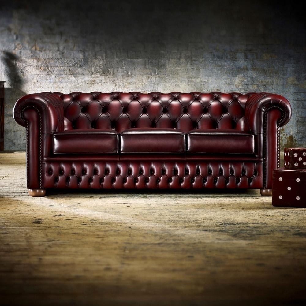 Chesterfield 3-zits lederen bank in bordeauxrood