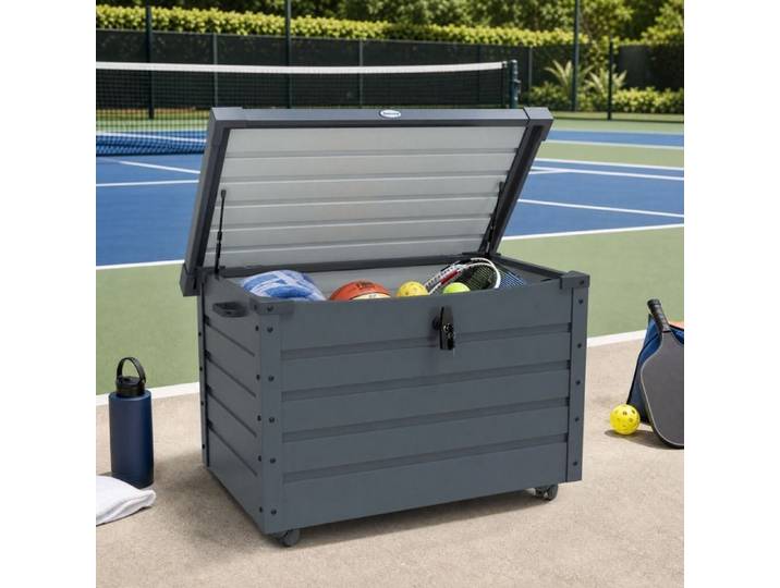 Coffre de rangement extérieur - ZEVKOR - 295 L - Acier galvanisé - À roulettes - Cadenas inclus