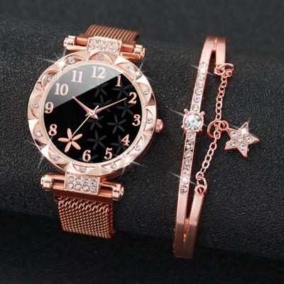 Friendly Fresh Finds Elegant Womens Mesh Strap Watch Set With Star Bracelet, Magnet Buckle Analog a