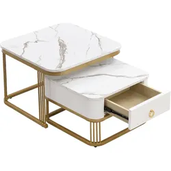 OKWISH Couchtisch Set 50x50x34+60x60x45 cm Marmoroptik Hochglanz Weiß Gold Beistelltisch Wohnzimmertisch mit Schublade Luxus Modern Design