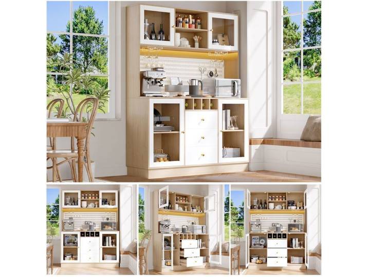 Buffet haut - HIBA - 140×40×185.7cm - 3 tiroirs - Étagères réglables - LED intelligente