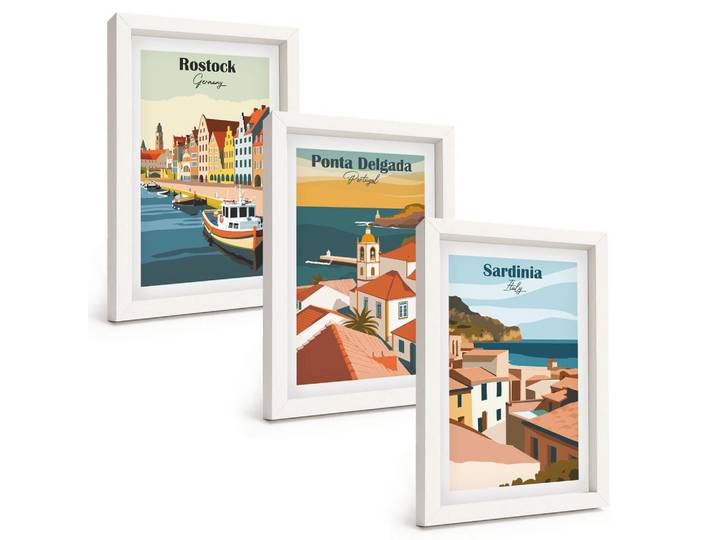 Tulup Bilder SET 3er Set - 20x30 cm Weißer Rahmen - Ansichten europäischer Küstenstädte, Kunststoff, Rechteckig, 20x30 cm, gerahmt, Bilder & Rahmen, Bilder