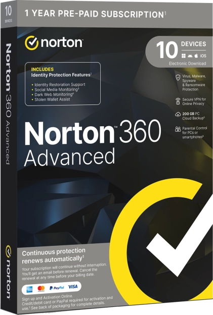 Symantec Norton 360 Advanced - Premium Identity Protection and VPN   1 Year, 10 Device