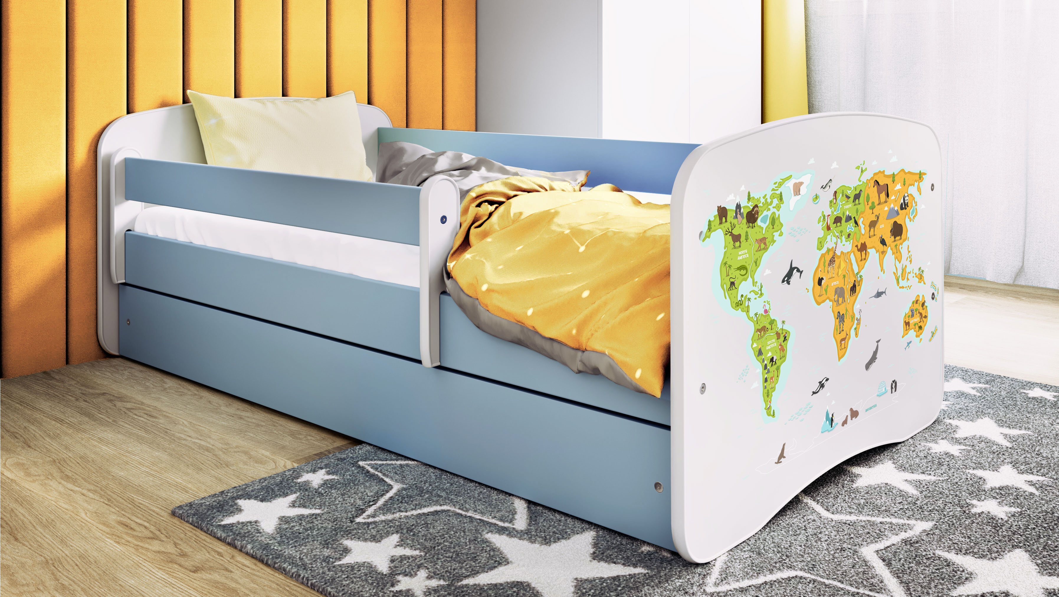 Kinderbett Jugendbett Karte 70x140, 80x160, 80x180 cm - Komplettset mit Matratze, Schublade & Rausfallschutz