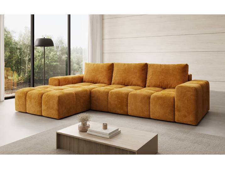 Designer Ecksofa Aila mit Schlaf- und Klappfunktion in Cord - Cord - Amber - Links - Luxusbetten24