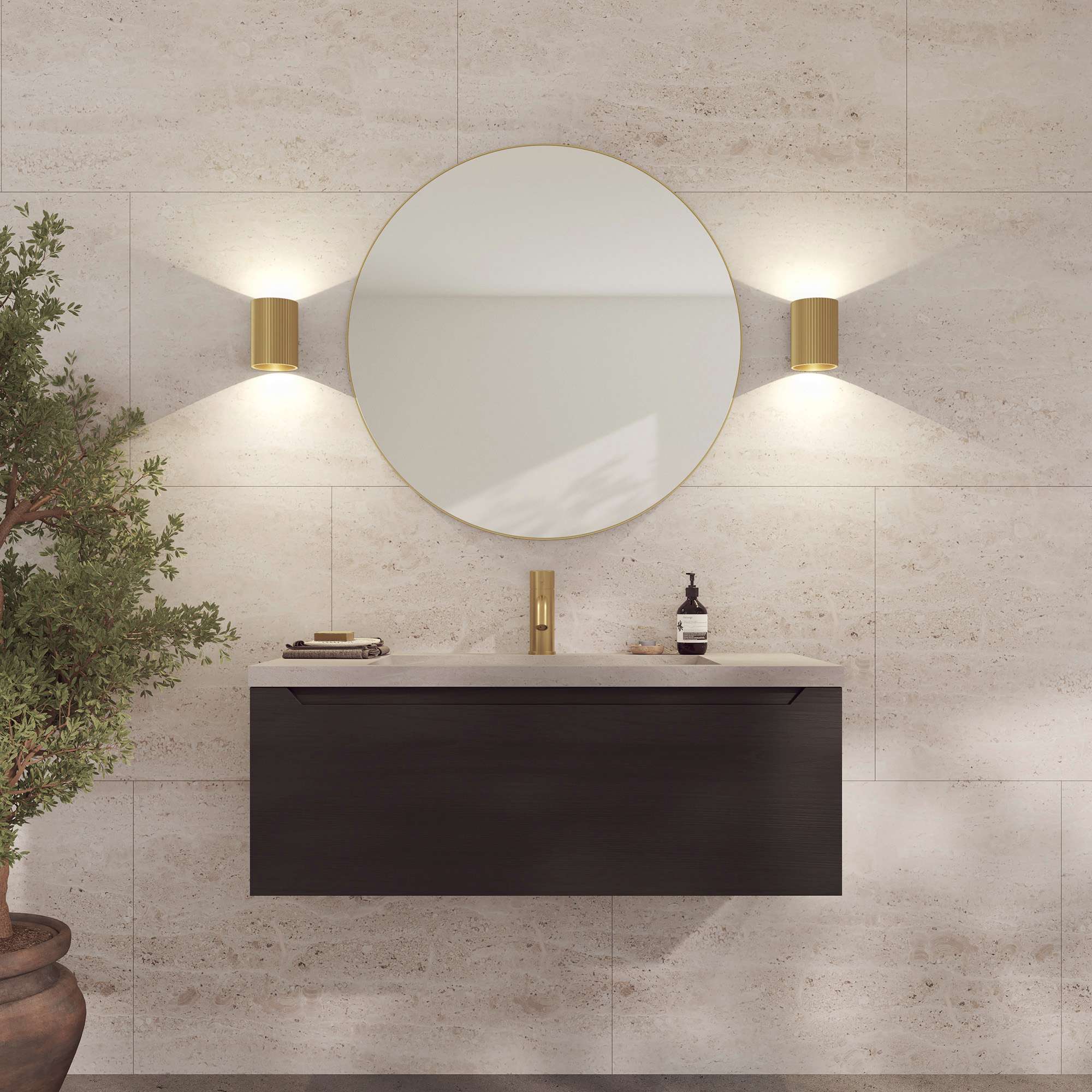 Wandspiegel LOEVSCHALL "Refine Wandspiegel rund – stilvoller Designspiegel mit edlem Rahmen", gold (messing), B:80cm H:80cm T:1,5cm Ø:80cm, Spiegelglas, Spiegel, Wandspiegel, in mehreren Grössen & Farben für Bad, Schlafzimmer & Flur messing B/H/T: 80cm x 
