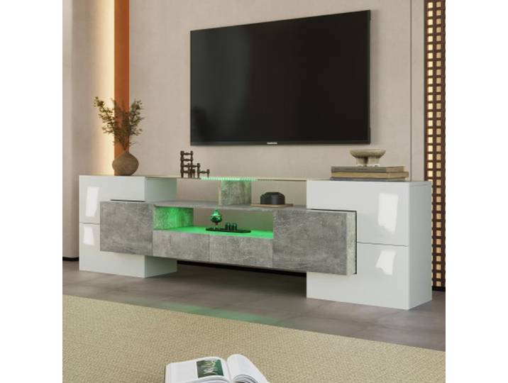 Armoire TV élégante lowboard.blanc brillant Meuble TV 200x35x60 cm éclairage LED meuble de salon. design modern