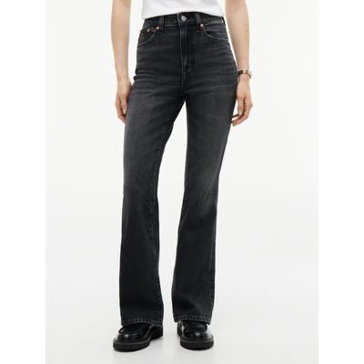 Bootcut-Jeans TOMMY JEANS "SYLVIA HIGH RISE BOOTCUT DJ0187", Damen, Gr. 31, Länge 30, schwarz (denim schwarz), Denim/Jeans, Obermaterial: 99% Baumwolle, 1% Elasthan, Abriebeffekte, bootcut fit lang, Jeans, Baumwollmischung