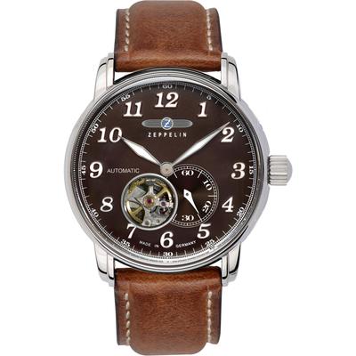 Automatikuhr ZEPPELIN "LZ 127 Graf Zeppelin", braun (cognacfarben, braun), Armbanduhren, Herren, silberfarben, Automatikuhr, Mechanische Uhr, Armbanduhr, Herrenuhr, offene Unruh, Made in Germany