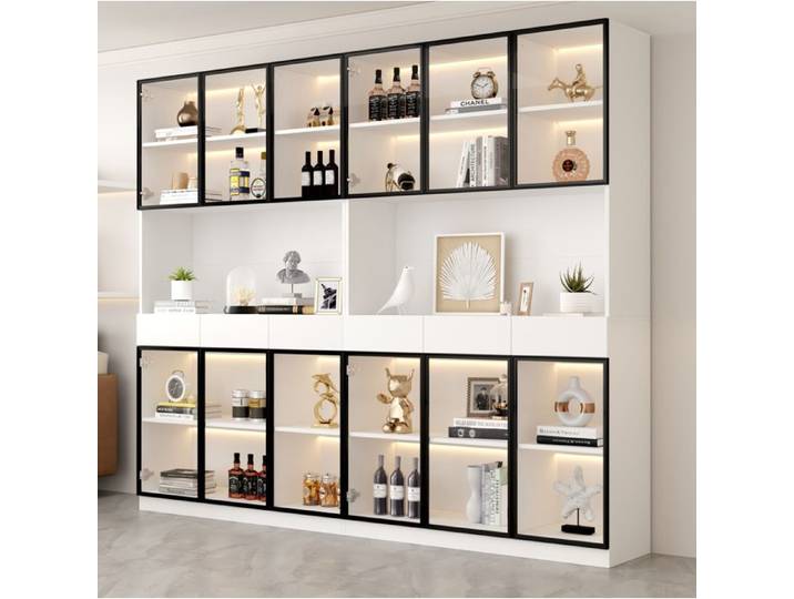 COVREO Vitrine haute 120 x 36 x 200 cm avec LED 6 portes vitrées 3 tiroirs blanc et noir