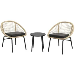 Merax Gartenmöbel Set 3-tlg mit 2 Stühlen, Couchtisch & Kissen, Outdoor Balkonmöbel Set für 2 Personen, Rattan, Hellbraun