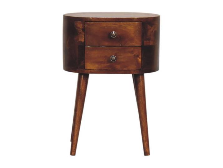 Artisan Furniture Nachttisch Mini, 2 Schubladen, Nordische Beine, Brown, Kastanienfarben, Holz, Echtholz,Mangoholz, Holz Optik, Rund, 35x50x25 cm, Schlafzimmer, Nachttische