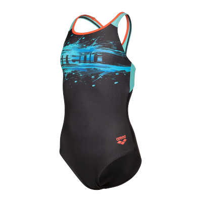 Badeanzug ARENA "G ARENA PAINT SWIMSUIT SWIM PRO BACK", Mädchen, Gr. 128, N-Gr, schwarz (schwarz, water, calypso coral), Obermaterial: 80% Polyamid, 20% Elasthan, Badeanzüge Badeanzug, mit integriertem UV-Schutz UPF50+, aus Polyamid und Elasthan