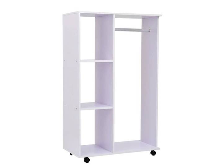 Portant à vêtements penderie mobile avec roulettes 3 étagères latérales + grand espace penderie panneaux particules blanc